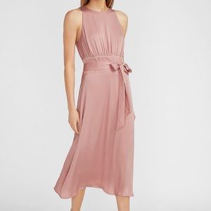 Satin Belted High Neck Midi Dress
